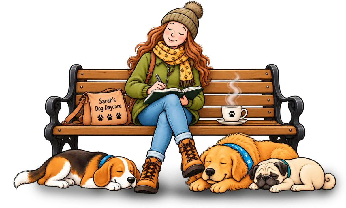 Sarah writing in a notebook on a bench while her three dogs lie at her feet