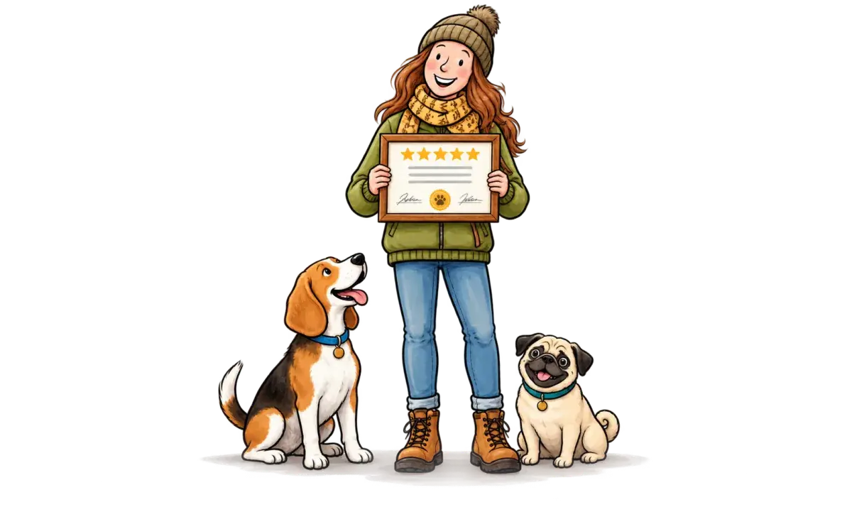 Sarah from the dog daycare holding up a five-star certificate, with her beagle and pug at her feet