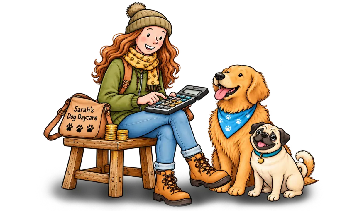Sarah sitting on a stool with a calculator on her knee and her dogs beside her