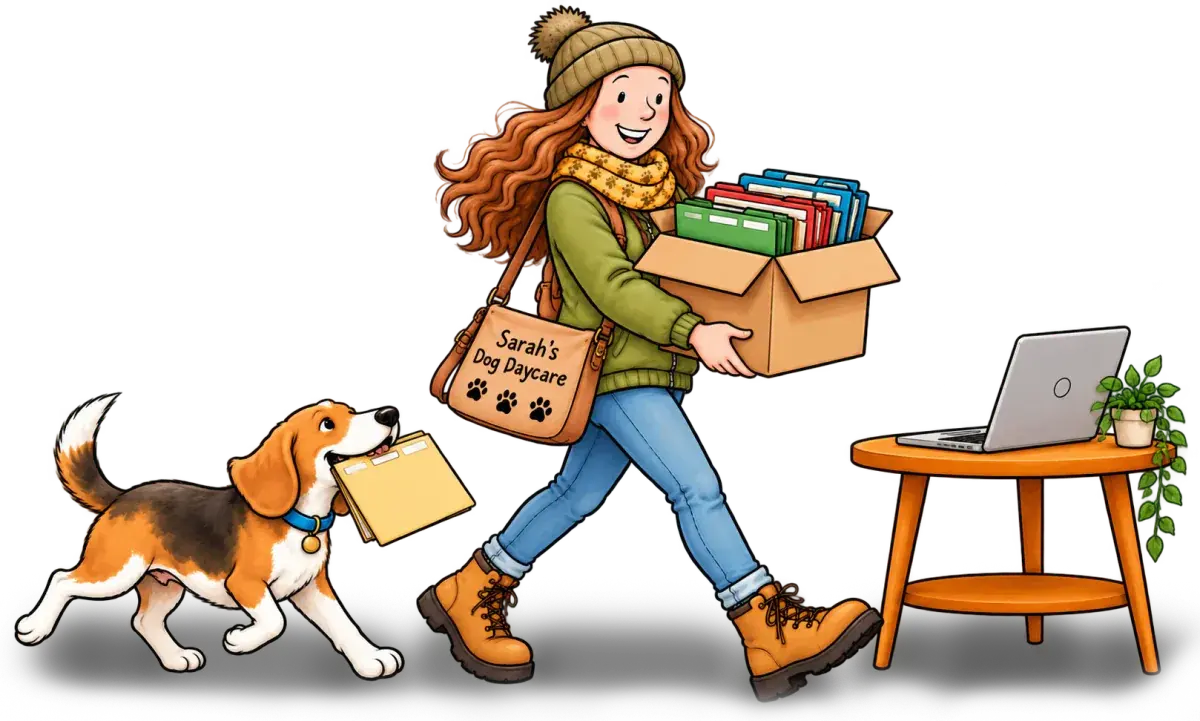 Sarah carrying a box of files to a laptop, with her beagle carrying a folder