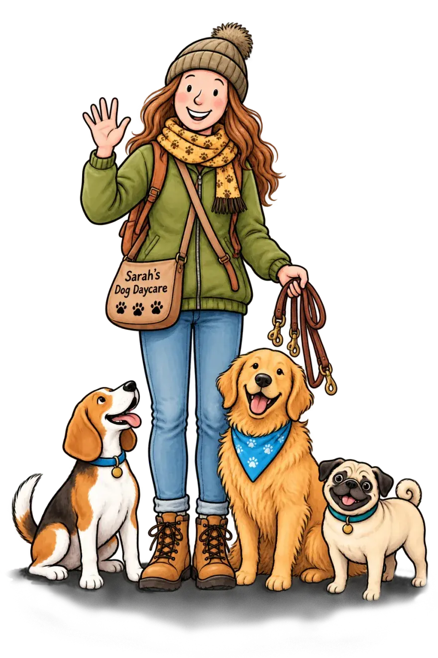 Sarah from the dog daycare waving, with her beagle, golden retriever and pug