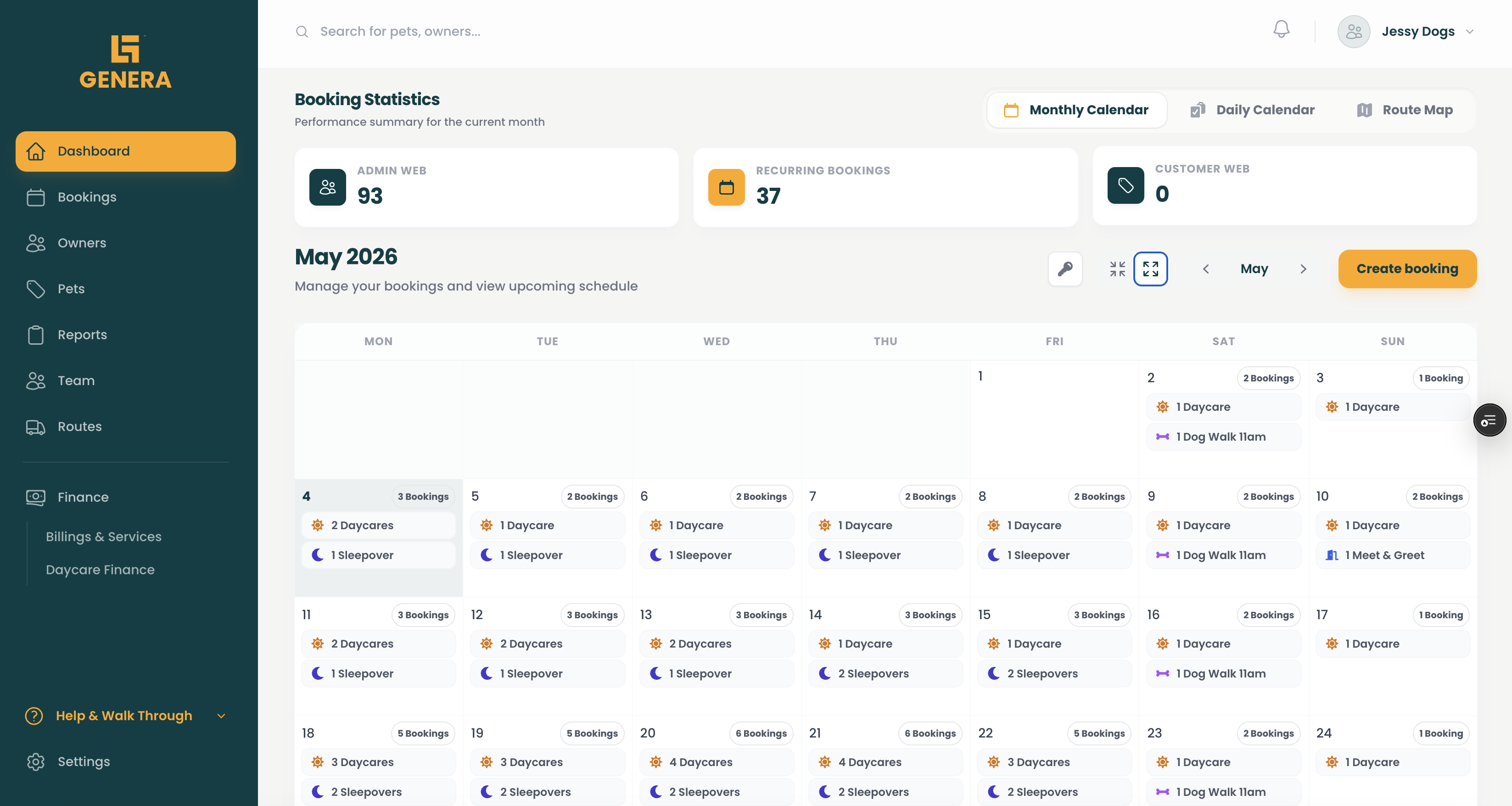 Genera software dashboard overview